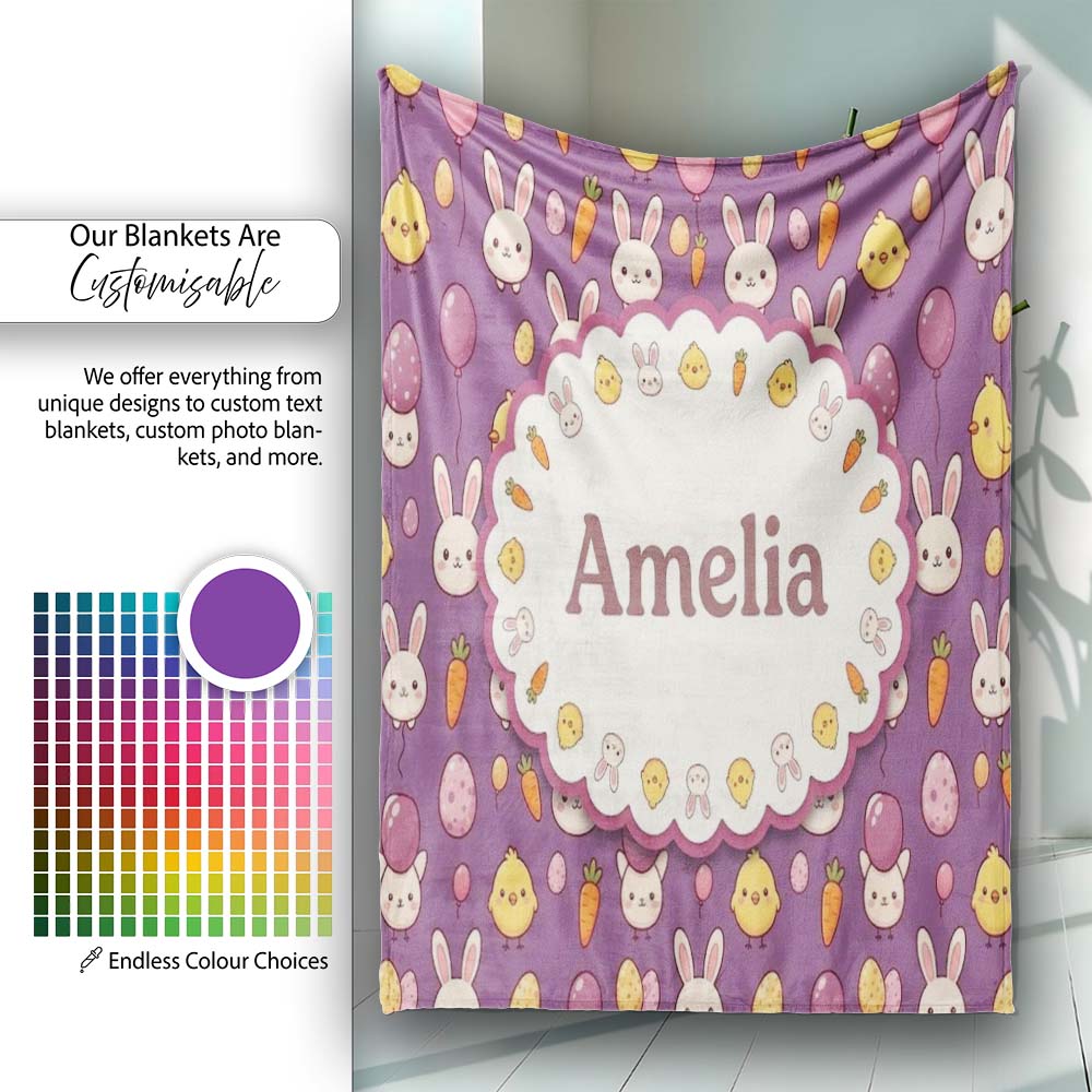 Cute Easter Bunny Chick Carrots Eggs Polka Dot Pattern Purple Lovely Personalised Custom Name Super Soft Fleece Blanket Bed Sofa Throw