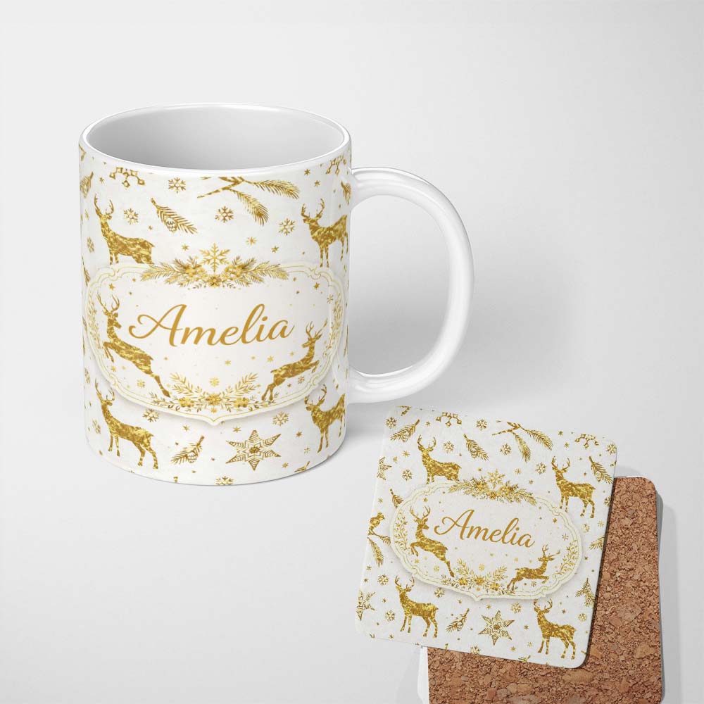 Personalized Custom Name Gold Reindeer Snowflake Christmas Pattern Luxury Festive Seamless 11oz Ceramic Coffee Tea Mug White Large Handle