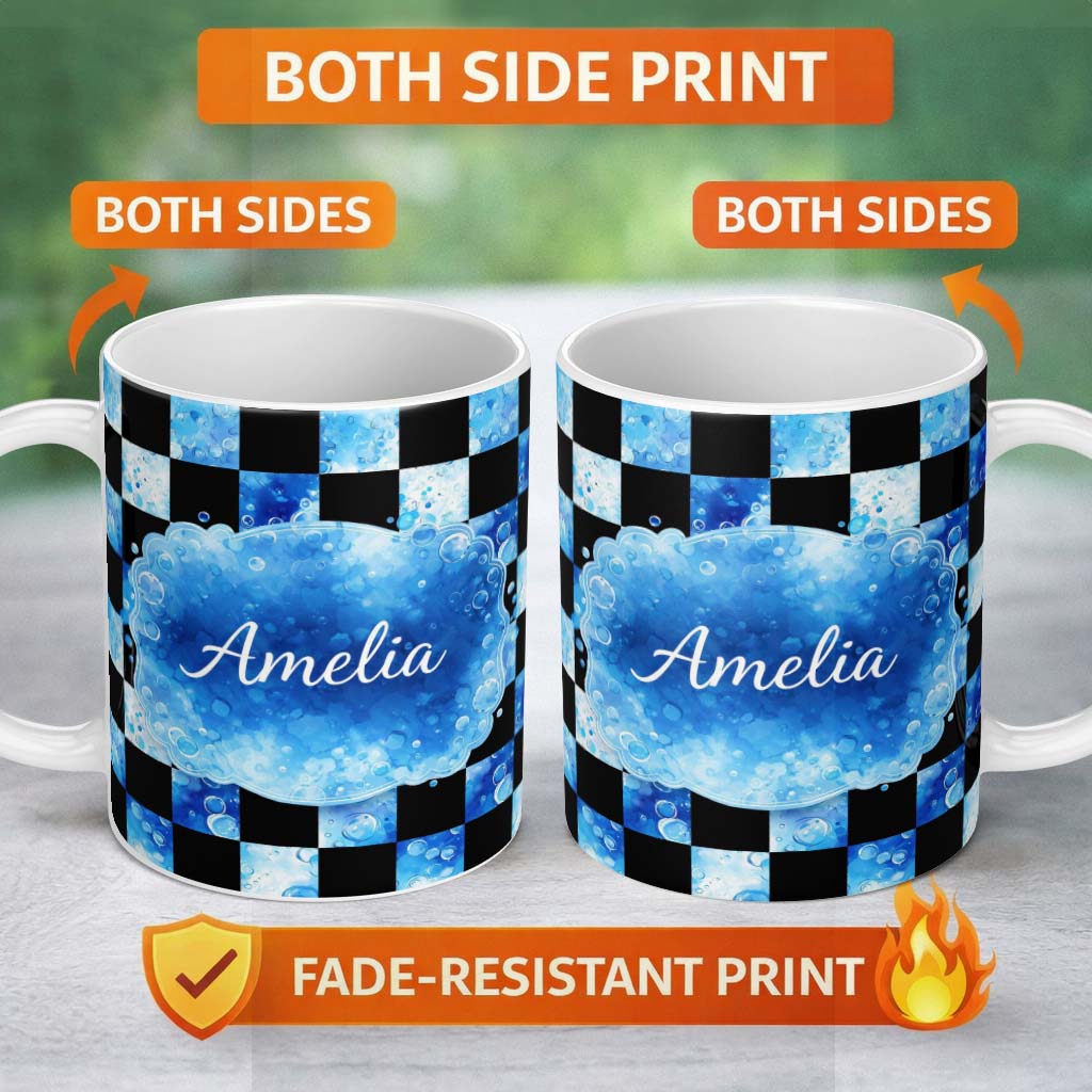 Personalized Custom Name Abstract Blue Bubble Checkered Seamless Pattern Stylish Everyday Mug 11oz Ceramic Coffee Tea Mug White Large Handle