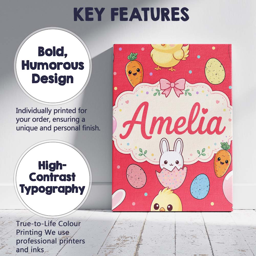 Personalised Name Cute Easter Bunny Chick Custom Unique Gift Idea Elegant Feature Canvas Wall Art Print Decor Picture Ready to Hang