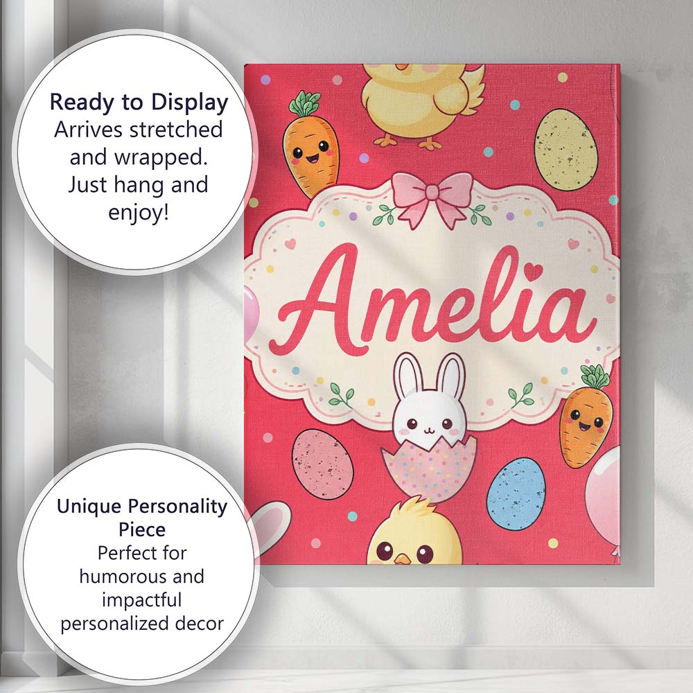 Personalised Name Cute Easter Bunny Chick Custom Unique Gift Idea Elegant Feature Canvas Wall Art Print Decor Picture Ready to Hang