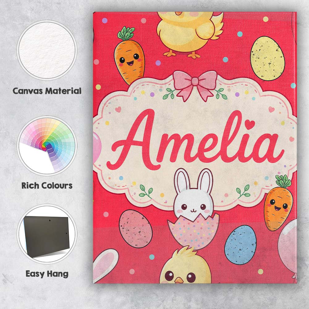 Personalised Name Cute Easter Bunny Chick Custom Unique Gift Idea Elegant Feature Canvas Wall Art Print Decor Picture Ready to Hang