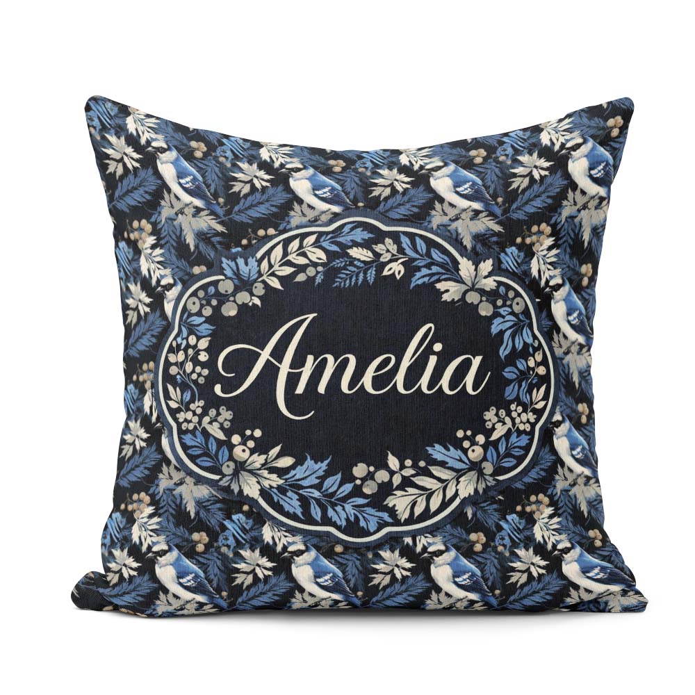 Custom Name Blue Jay Bird Dark Botanical Leaves Seamless Pattern Square Filled Cushion Throw Pillow Sofa Bed Home Decor Zip Washable UK Made
