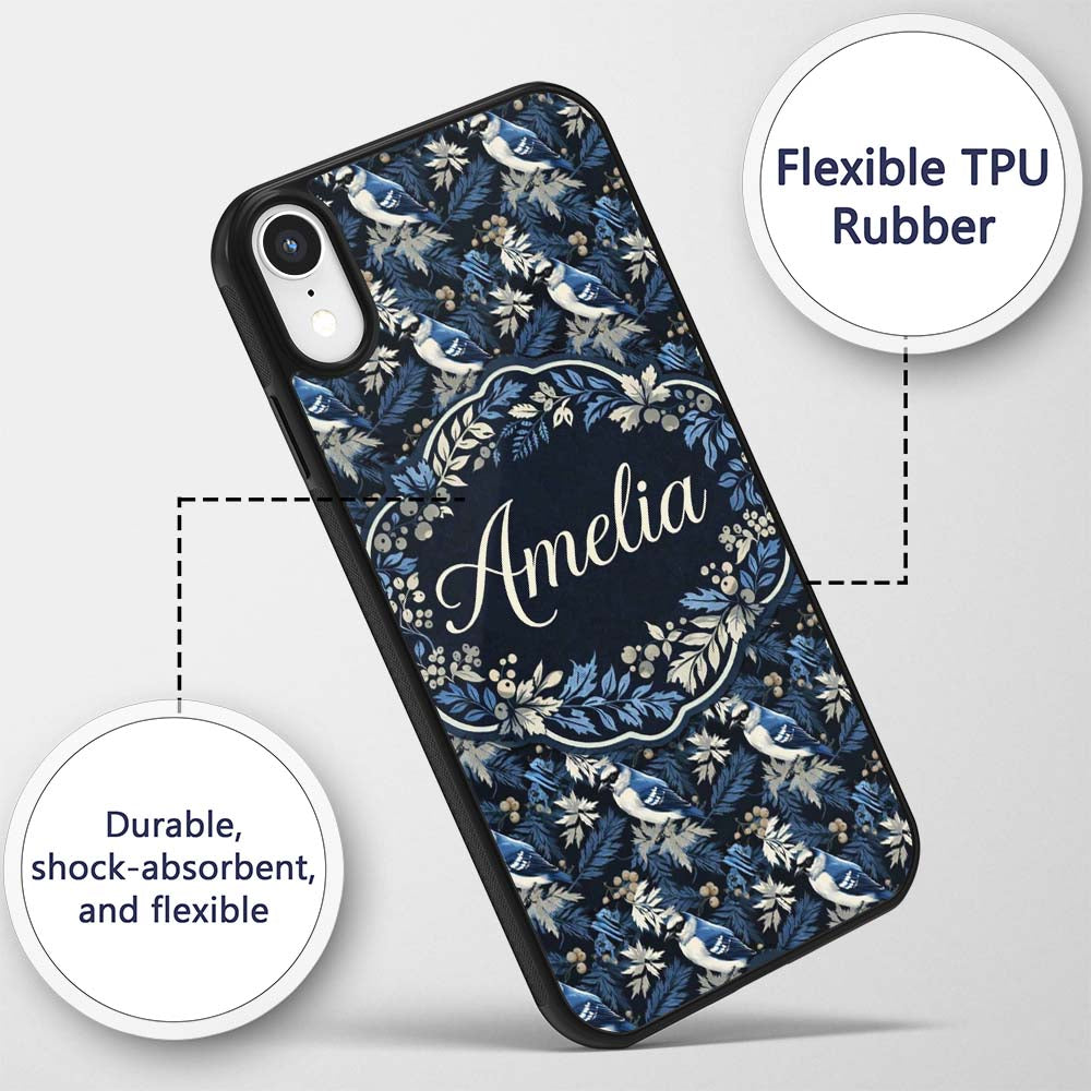 Blue Jay Bird Dark Botanical Decorative Design Custom Name Protective Phone Case Mobile Cover Durable Everyday Smartphone Shock Resistant