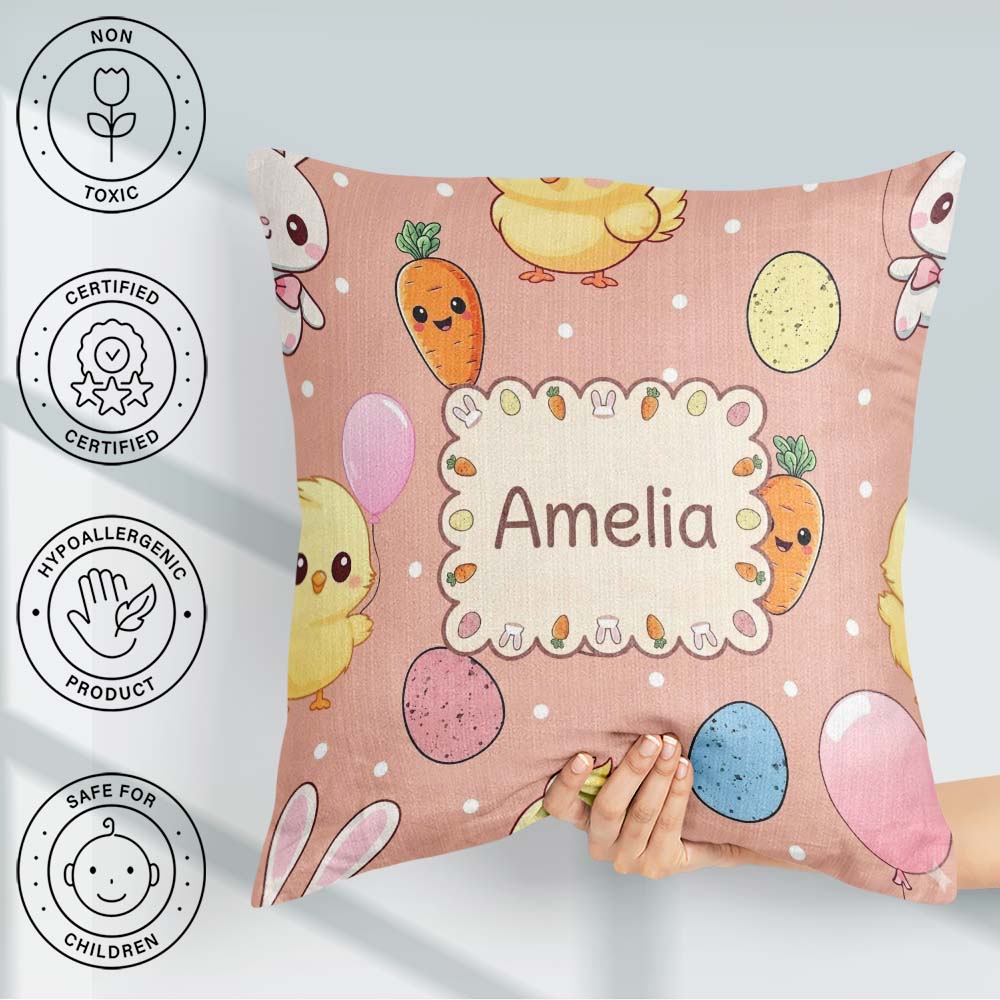 Custom Name Cute Easter Bunny Chick Carrots Eggs Polka Dot Beige Square Filled Cushion Throw Pillow Sofa Bed Home Decor Zip Washable UK Made