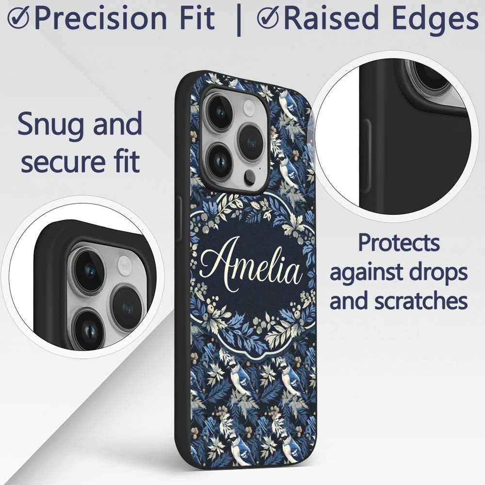 Blue Jay Bird Dark Botanical Decorative Design Custom Name Protective Phone Case Mobile Cover Durable Everyday Smartphone Shock Resistant