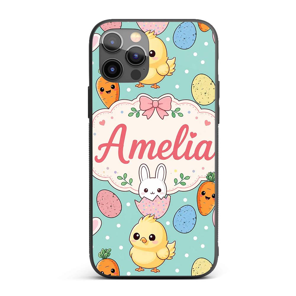 Cute Easter Bunny Chick Carrots Eggs Polka Dot Custom Name Protective Phone Case Mobile Cover Durable Everyday Smartphone Shock Resistant