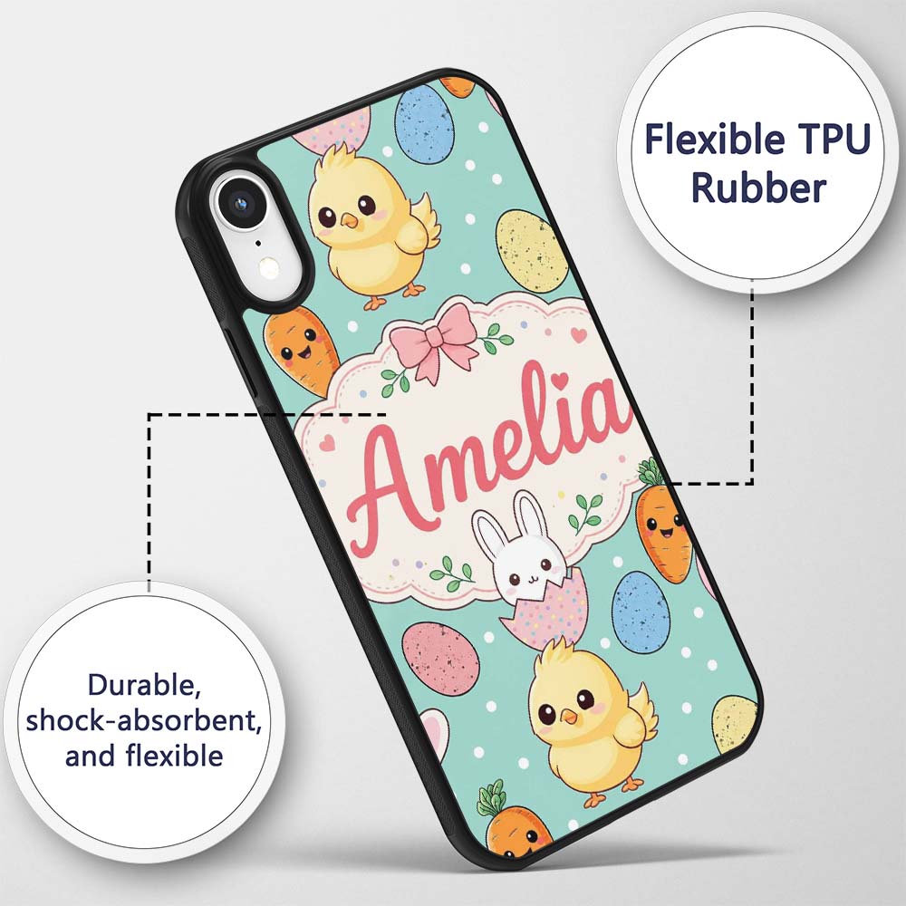 Cute Easter Bunny Chick Carrots Eggs Polka Dot Custom Name Protective Phone Case Mobile Cover Durable Everyday Smartphone Shock Resistant