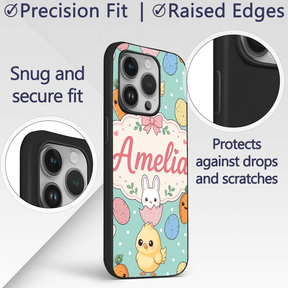 Cute Easter Bunny Chick Carrots Eggs Polka Dot Custom Name Protective Phone Case Mobile Cover Durable Everyday Smartphone Shock Resistant