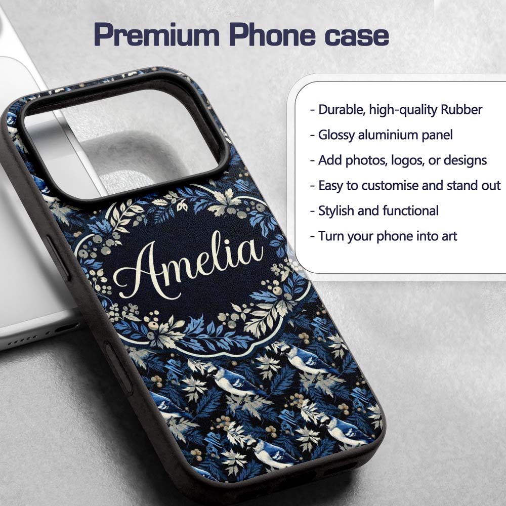 Blue Jay Bird Dark Botanical Decorative Design Custom Name Protective Phone Case Mobile Cover Durable Everyday Smartphone Shock Resistant