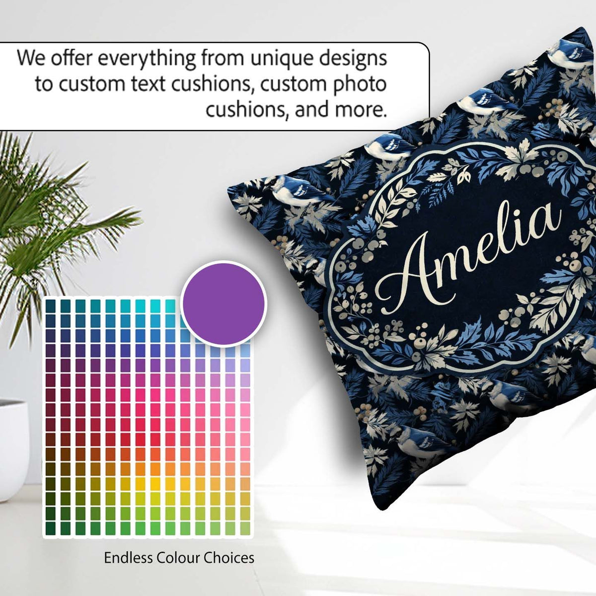 Custom Name Blue Jay Bird Dark Botanical Leaves Seamless Pattern Square Filled Cushion Throw Pillow Sofa Bed Home Decor Zip Washable UK Made