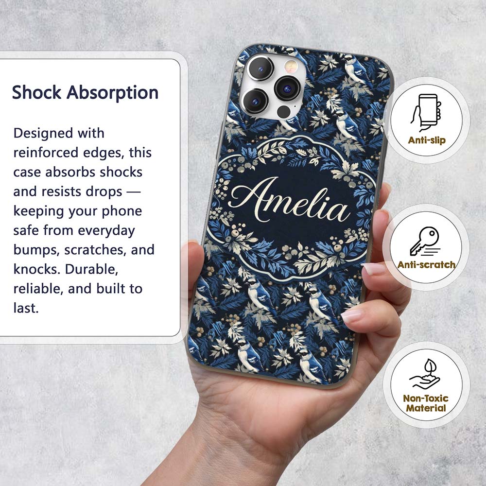 Blue Jay Bird Dark Botanical Decorative Design Custom Name Protective Phone Case Mobile Cover Durable Everyday Smartphone Shock Resistant