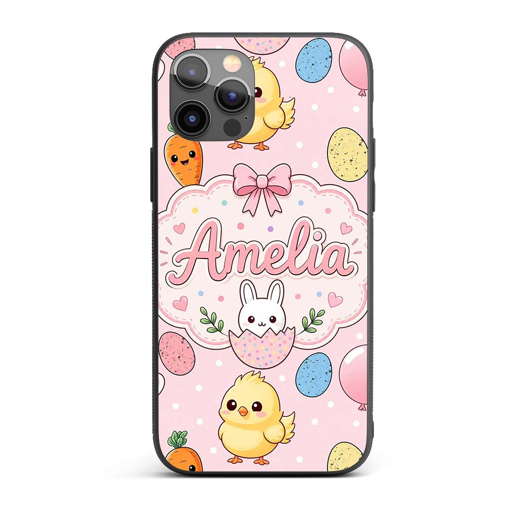Cute Easter Bunny Chick Carrots Eggs Polka Dot Custom Name Protective Phone Case Mobile Cover Durable Everyday Smartphone Shock Resistant