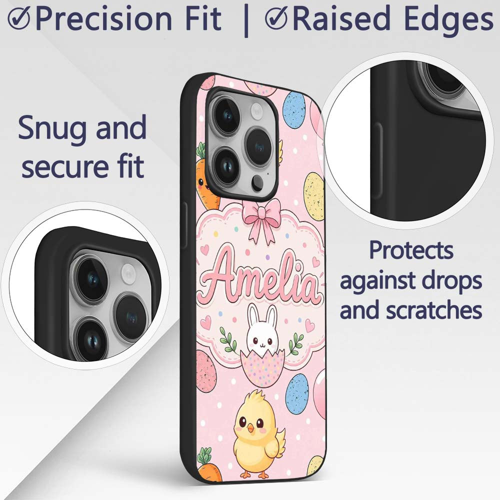 Cute Easter Bunny Chick Carrots Eggs Polka Dot Custom Name Protective Phone Case Mobile Cover Durable Everyday Smartphone Shock Resistant