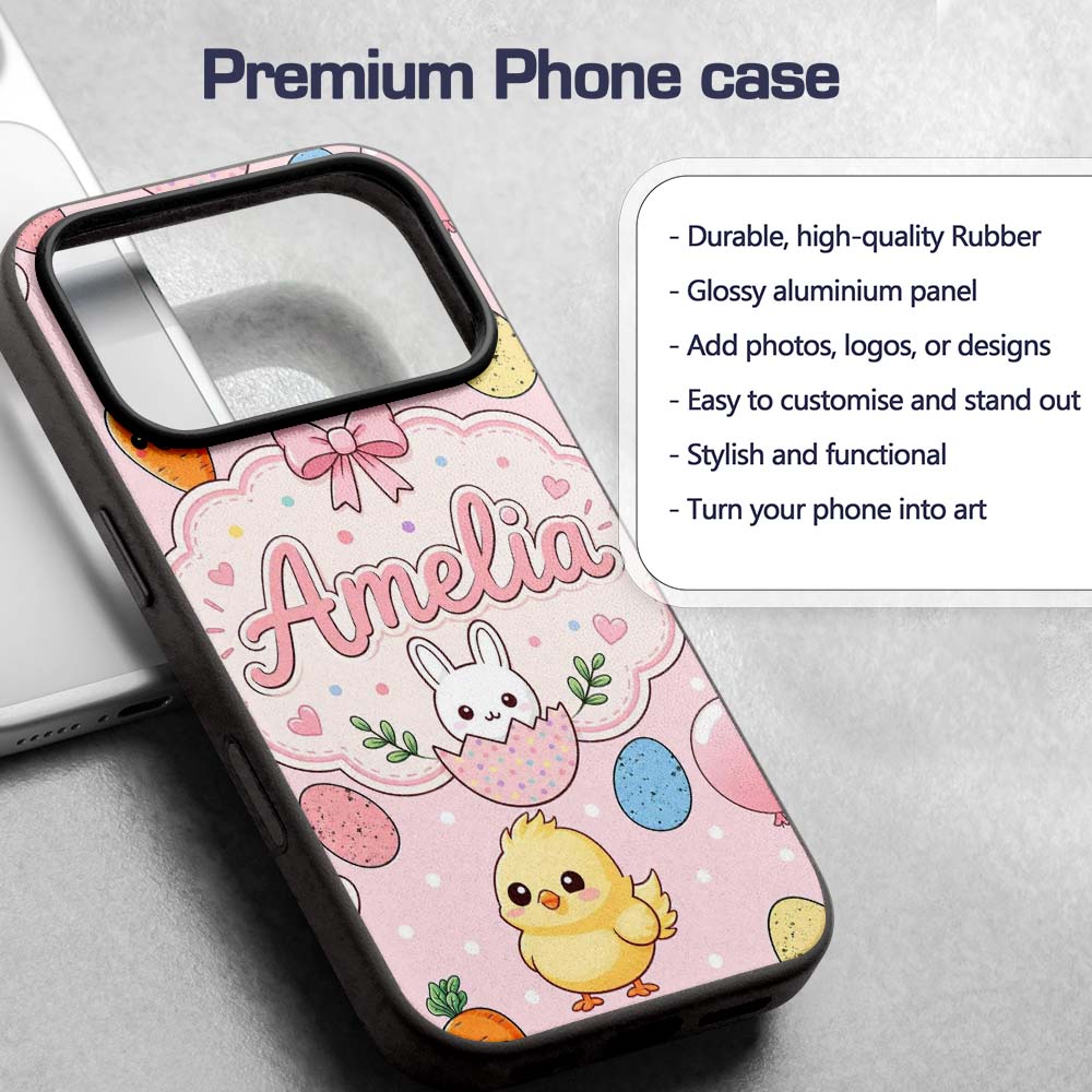 Cute Easter Bunny Chick Carrots Eggs Polka Dot Custom Name Protective Phone Case Mobile Cover Durable Everyday Smartphone Shock Resistant