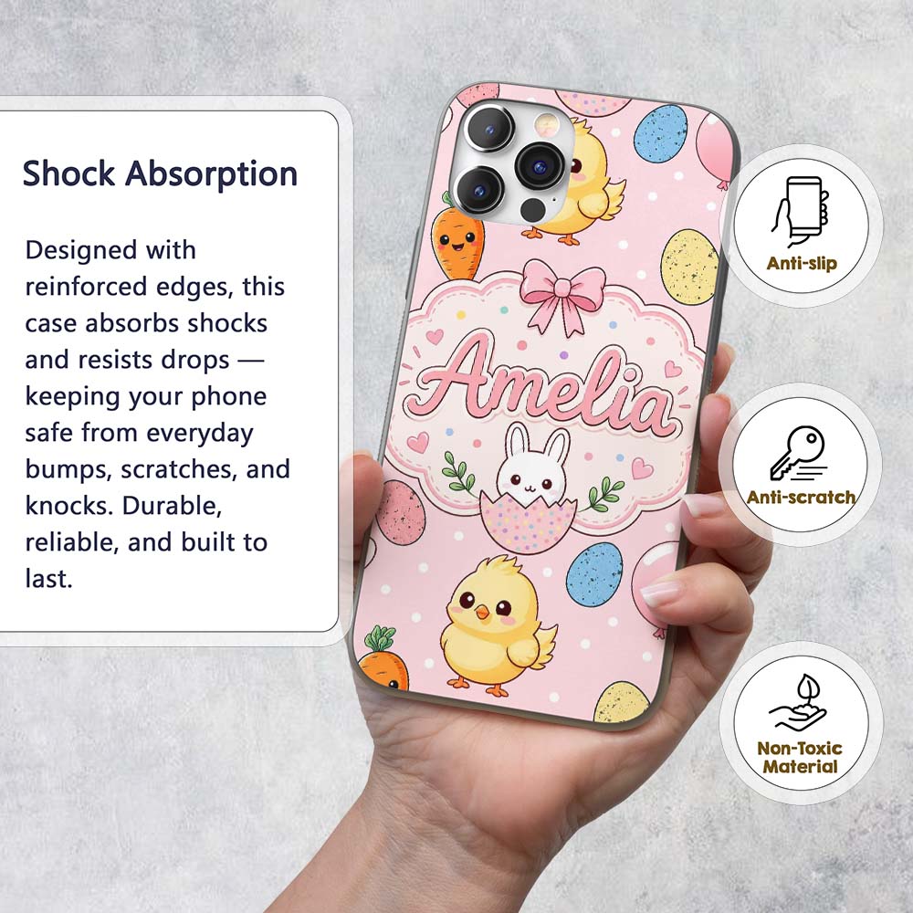 Cute Easter Bunny Chick Carrots Eggs Polka Dot Custom Name Protective Phone Case Mobile Cover Durable Everyday Smartphone Shock Resistant