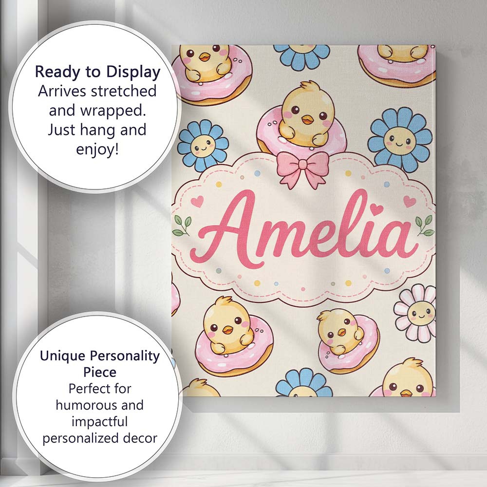 Personalised Name Cute Baby Chick Donut Custom Modern Room Accent Elegant Feature Canvas Wall Art Print Decor Picture Ready to Hang