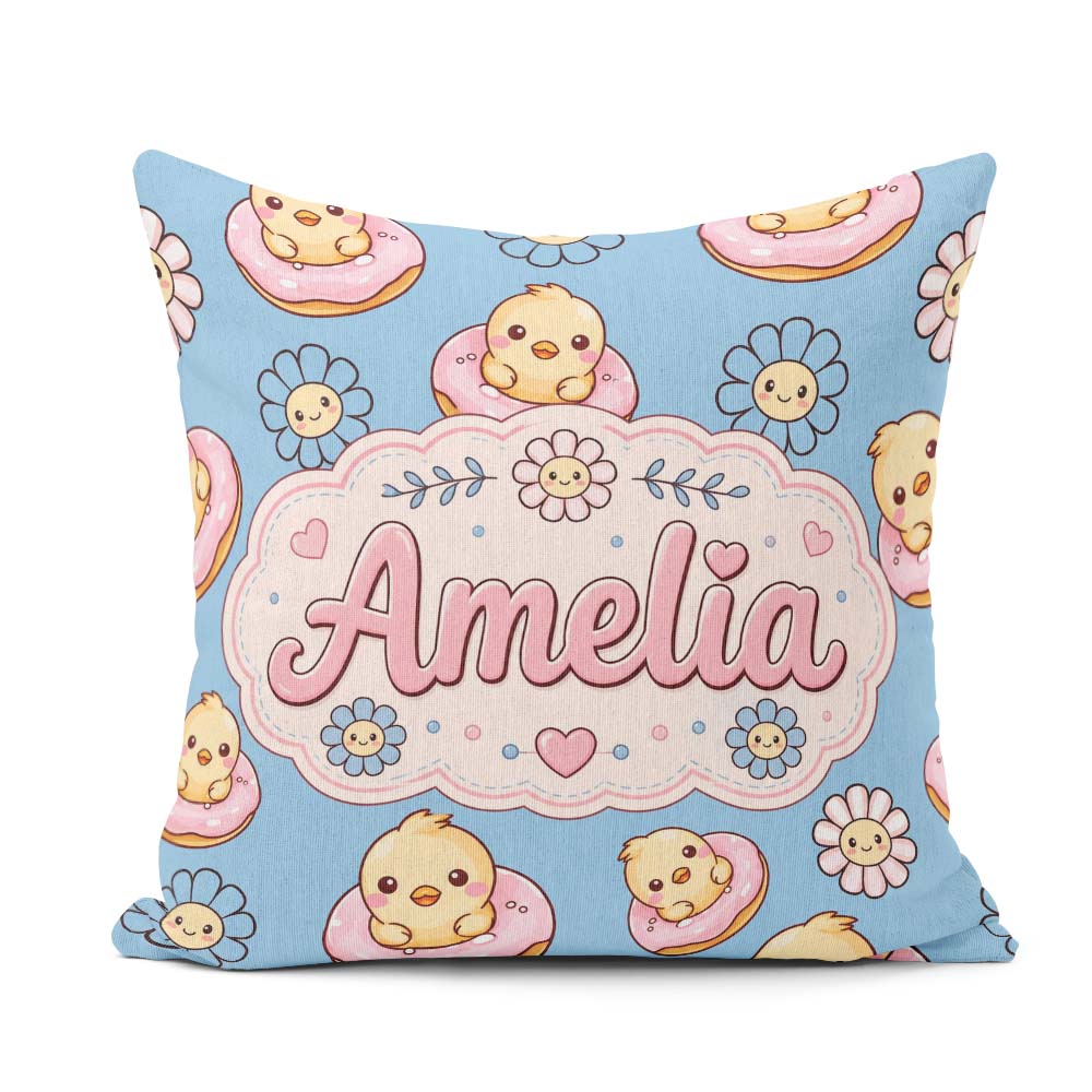 Custom Name Cute Baby Chick Donut Flowers Seamless Pattern Blue Square Filled Cushion Throw Pillow Sofa Bed Home Decor Zip Washable UK Made