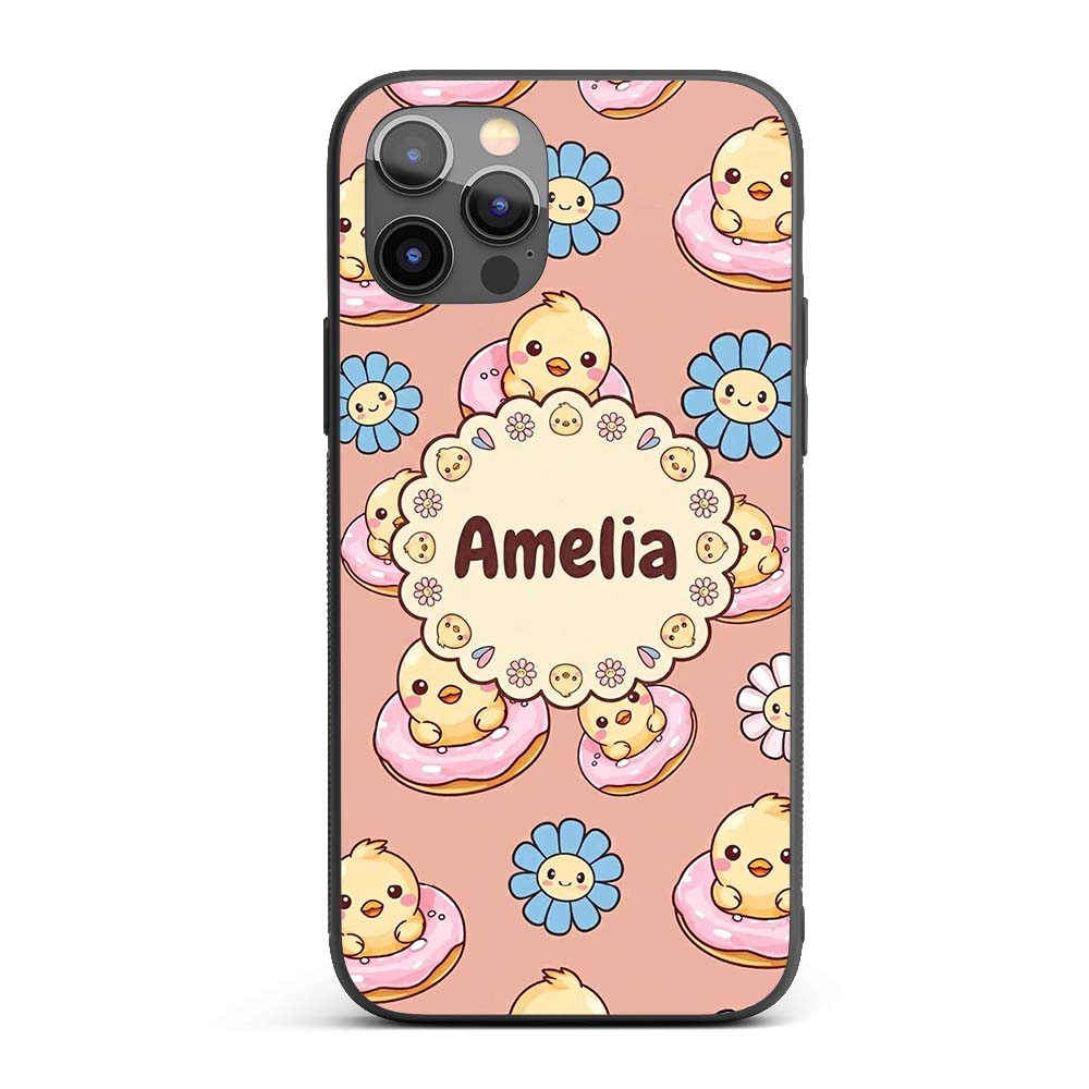 Cute Baby Chick Donut Flowers Seamless Pattern Custom Name Protective Phone Case Mobile Cover Durable Everyday Smartphone Shock Resistant