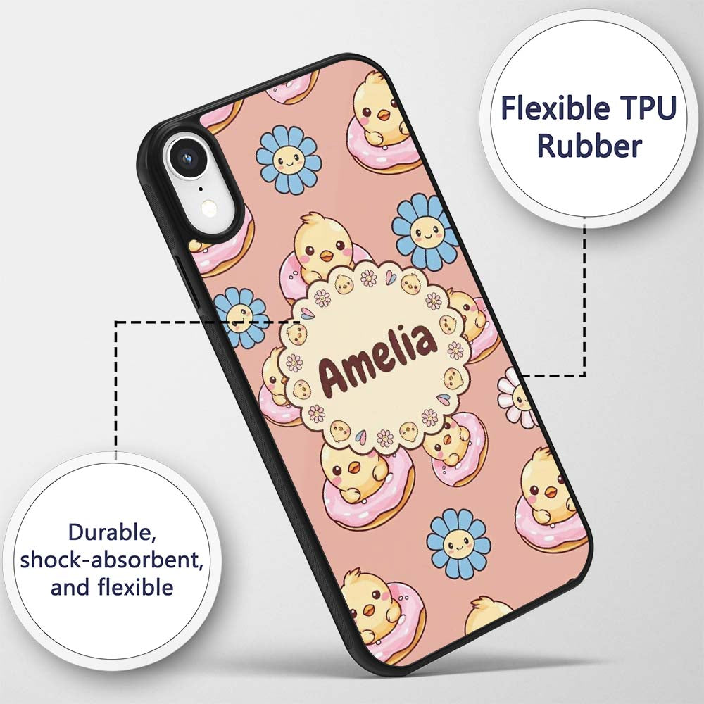 Cute Baby Chick Donut Flowers Seamless Pattern Custom Name Protective Phone Case Mobile Cover Durable Everyday Smartphone Shock Resistant