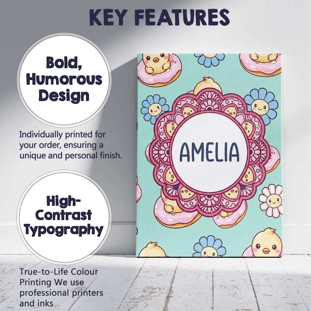 Personalised Name Cute Baby Chick Donut Custom Modern Room Accent Elegant Feature Canvas Wall Art Print Decor Picture Ready to Hang