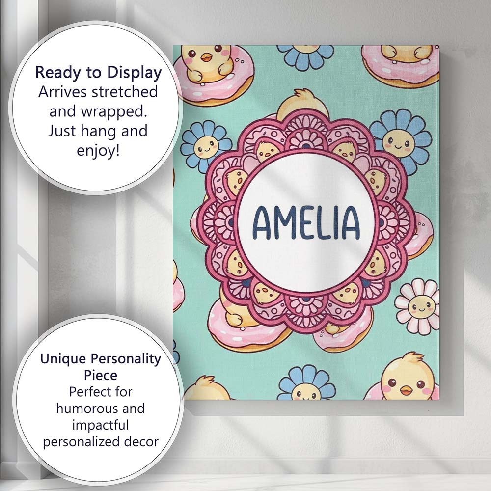 Personalised Name Cute Baby Chick Donut Custom Modern Room Accent Elegant Feature Canvas Wall Art Print Decor Picture Ready to Hang