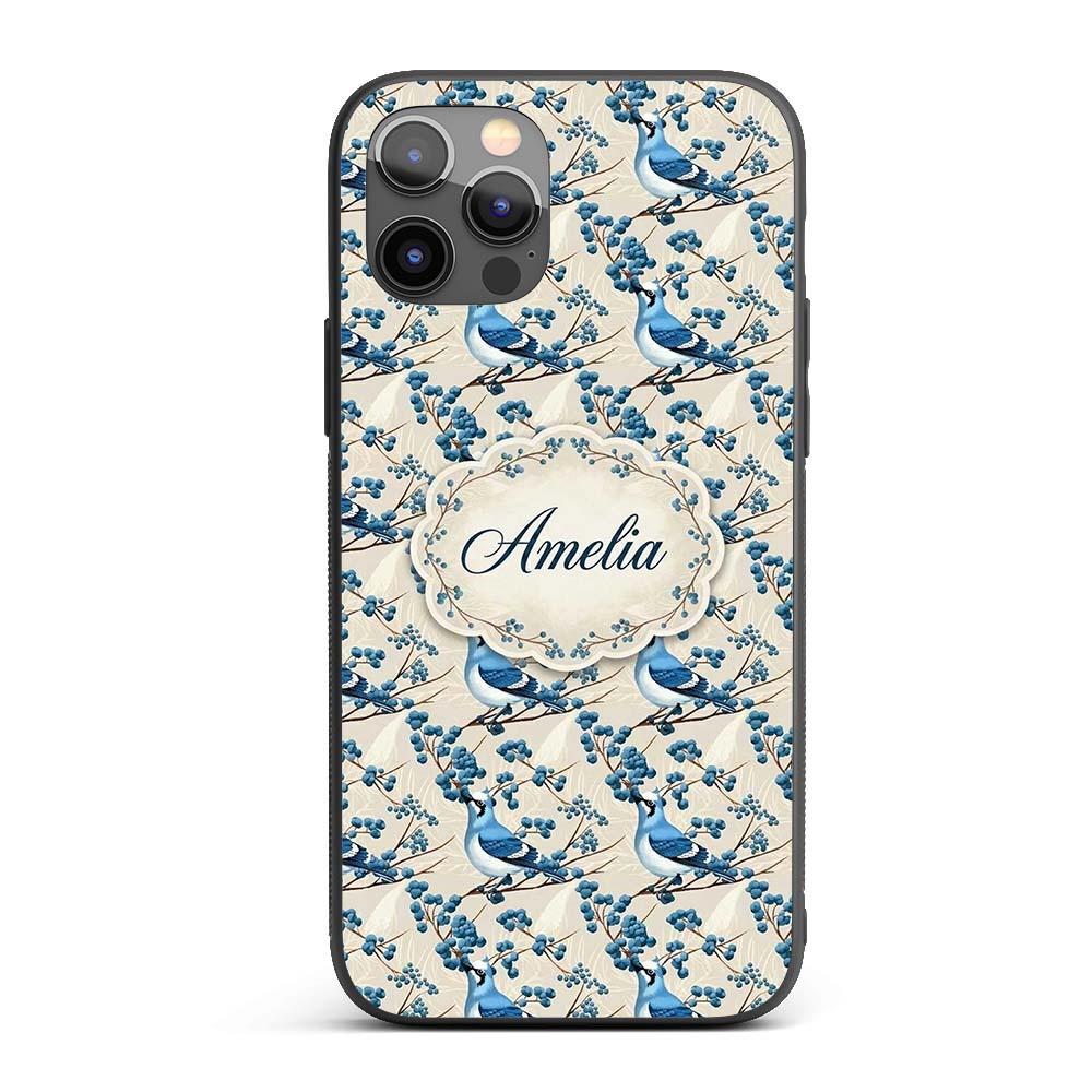 Blue Jay Bird on Branch with Berries Neutral Custom Name Protective Phone Case Mobile Cover Durable Everyday Smartphone Shock Resistant