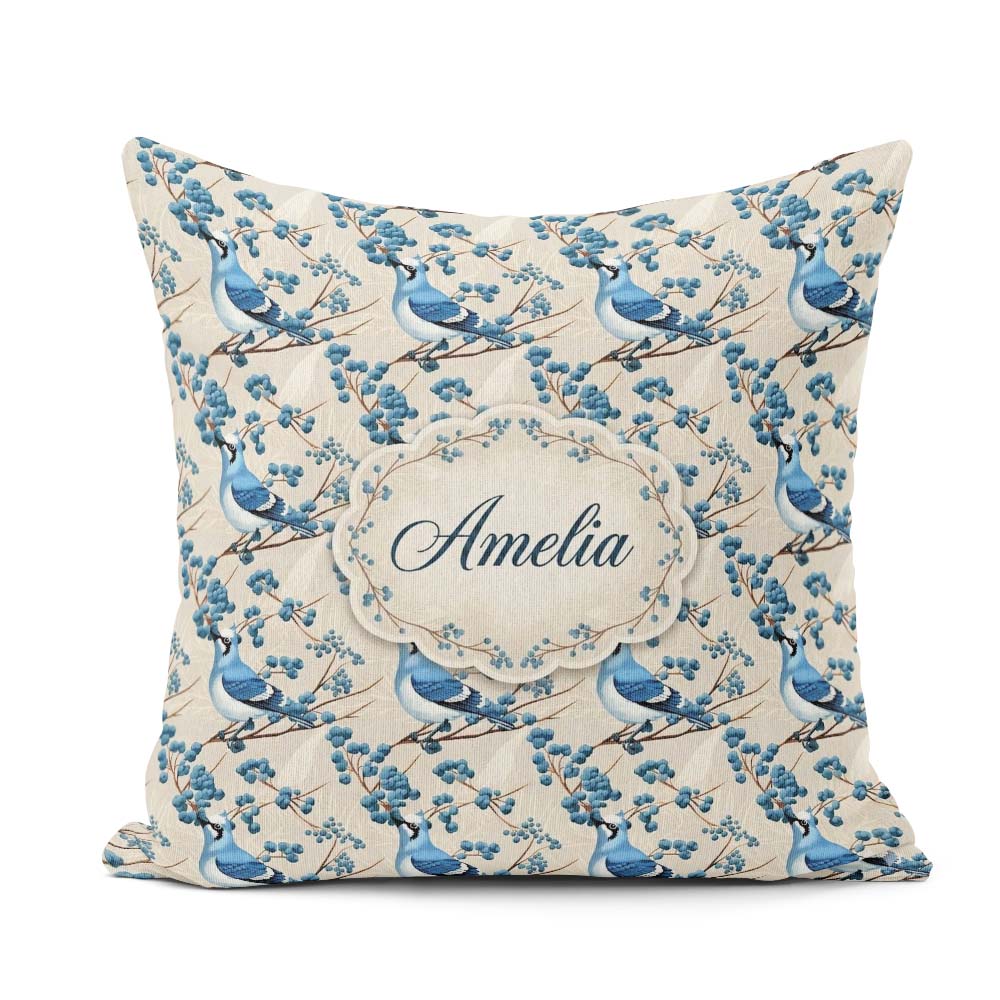 Custom Name Blue Jay Bird Branch with Berries Botanical Seamless Square Filled Cushion Throw Pillow Sofa Bed Home Decor Zip Washable UK Made