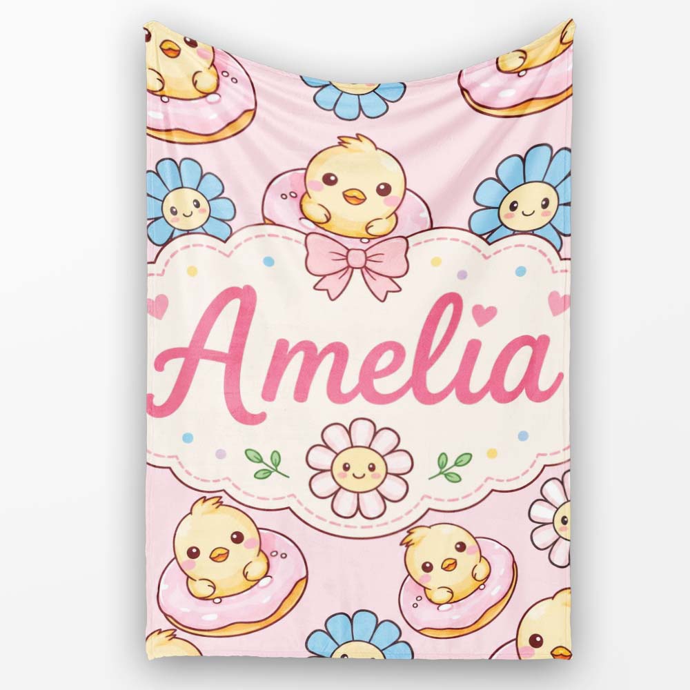 Cute Baby Chick Donut Flowers Seamless Pattern Light Pink Background Personalised Custom Name Super Soft Fleece Blanket Bed Sofa Throw