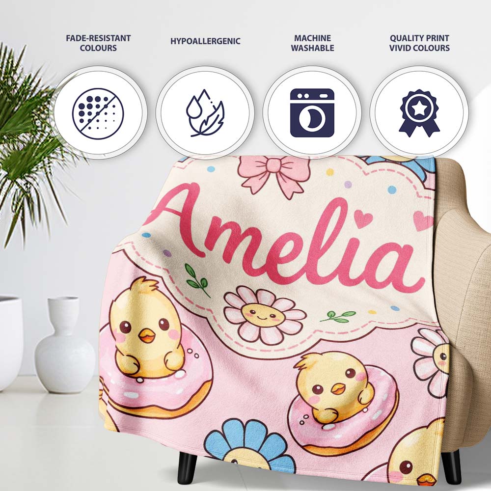 Cute Baby Chick Donut Flowers Seamless Pattern Light Pink Background Personalised Custom Name Super Soft Fleece Blanket Bed Sofa Throw