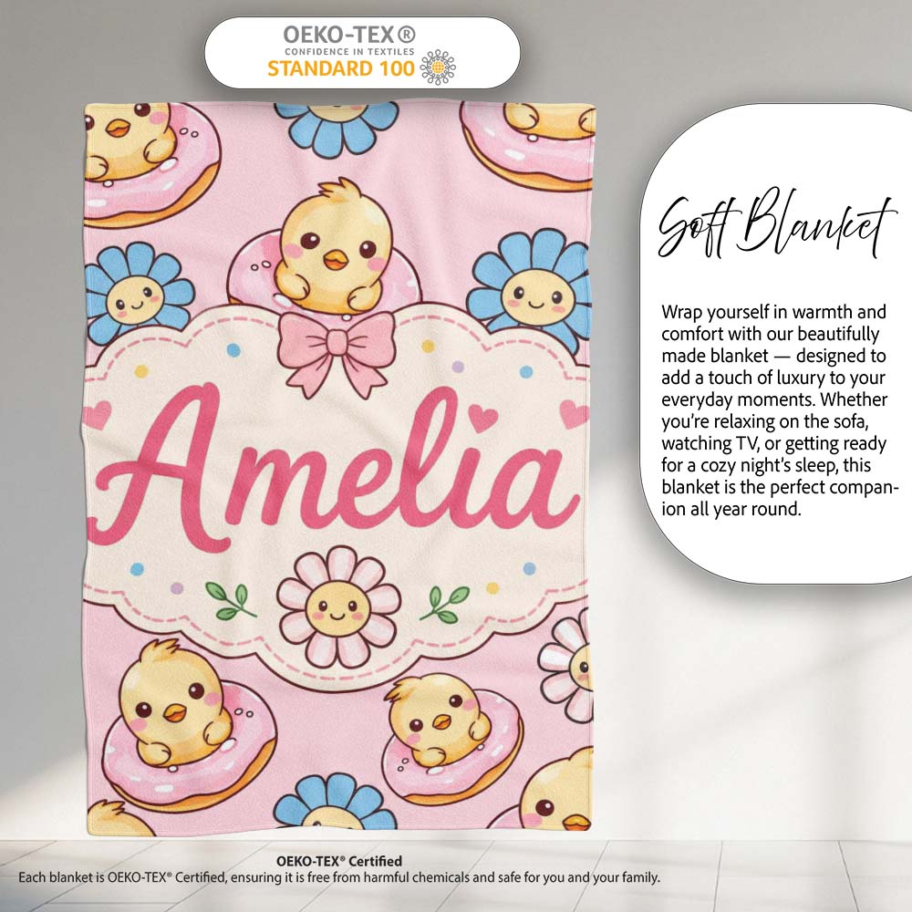 Cute Baby Chick Donut Flowers Seamless Pattern Light Pink Background Personalised Custom Name Super Soft Fleece Blanket Bed Sofa Throw