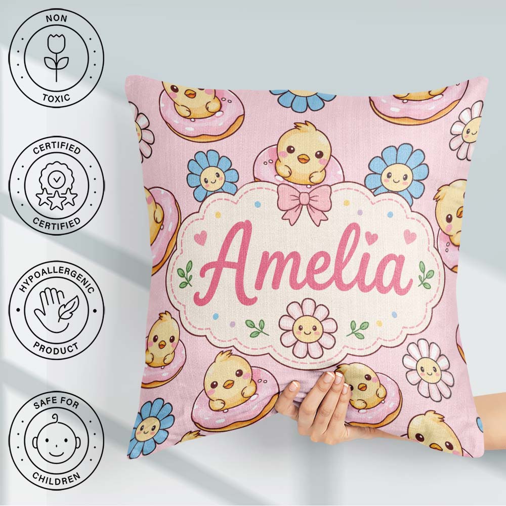 Custom Name Baby Chick Donut Flowers Seamless Pattern Light Pink Square Filled Cushion Throw Pillow Sofa Bed Home Decor Zip Washable UK Made