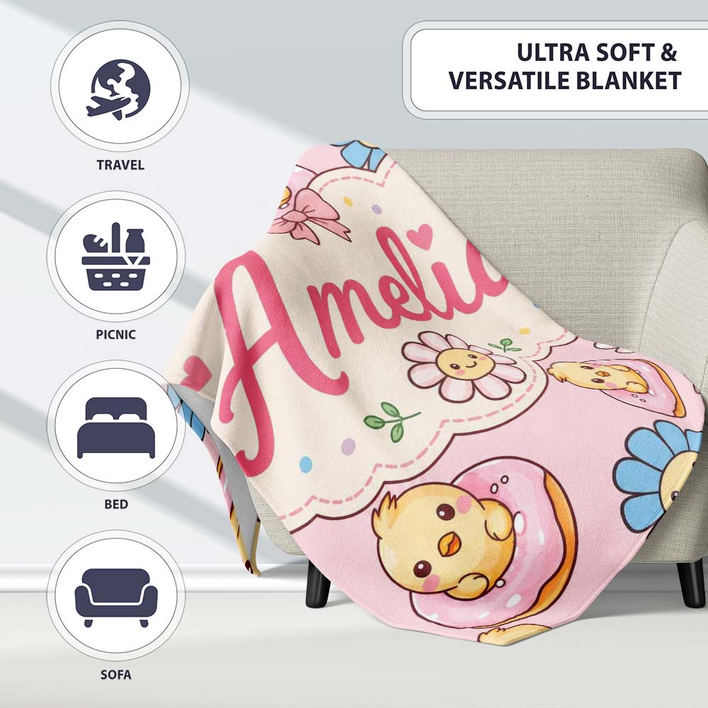 Cute Baby Chick Donut Flowers Seamless Pattern Light Pink Background Personalised Custom Name Super Soft Fleece Blanket Bed Sofa Throw
