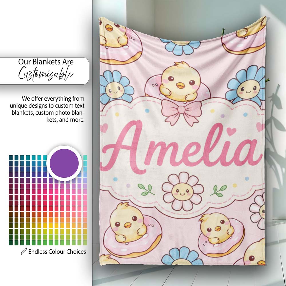 Cute Baby Chick Donut Flowers Seamless Pattern Light Pink Background Personalised Custom Name Super Soft Fleece Blanket Bed Sofa Throw
