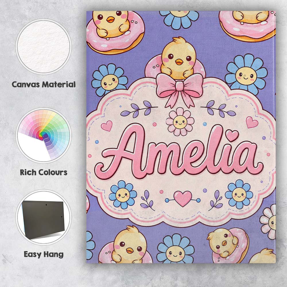 Personalised Name Cute Baby Chick Donut Custom Modern Room Accent Elegant Feature Canvas Wall Art Print Decor Picture Ready to Hang