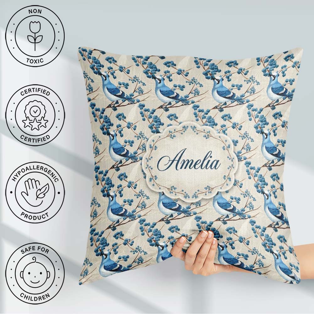 Custom Name Blue Jay Bird Branch with Berries Botanical Seamless Square Filled Cushion Throw Pillow Sofa Bed Home Decor Zip Washable UK Made