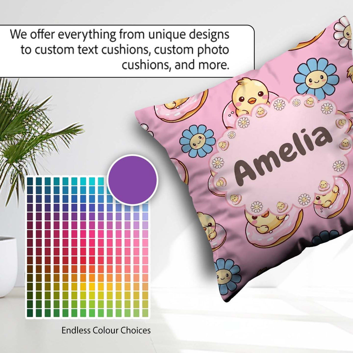 Custom Name Baby Chick Donut Flowers Seamless Pattern Soft Pink Square Filled Cushion Throw Pillow Sofa Bed Home Decor Zip Washable UK Made