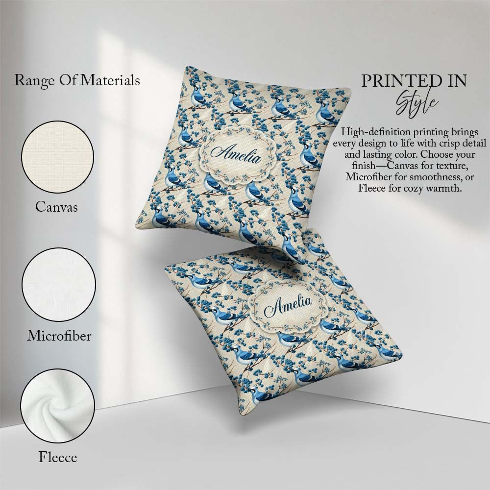 Custom Name Blue Jay Bird Branch with Berries Botanical Seamless Square Filled Cushion Throw Pillow Sofa Bed Home Decor Zip Washable UK Made