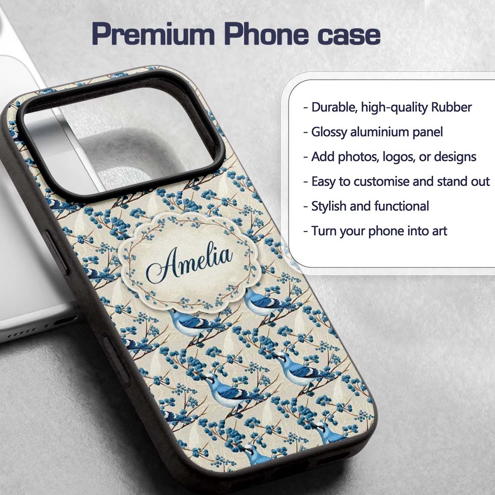 Blue Jay Bird on Branch with Berries Neutral Custom Name Protective Phone Case Mobile Cover Durable Everyday Smartphone Shock Resistant