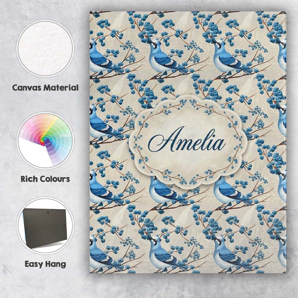 Personalised Name Blue Jay Bird on Branch with Berries Neutral Custom Modern Room Accent Canvas Wall Art Print Decor Picture Ready to Hang