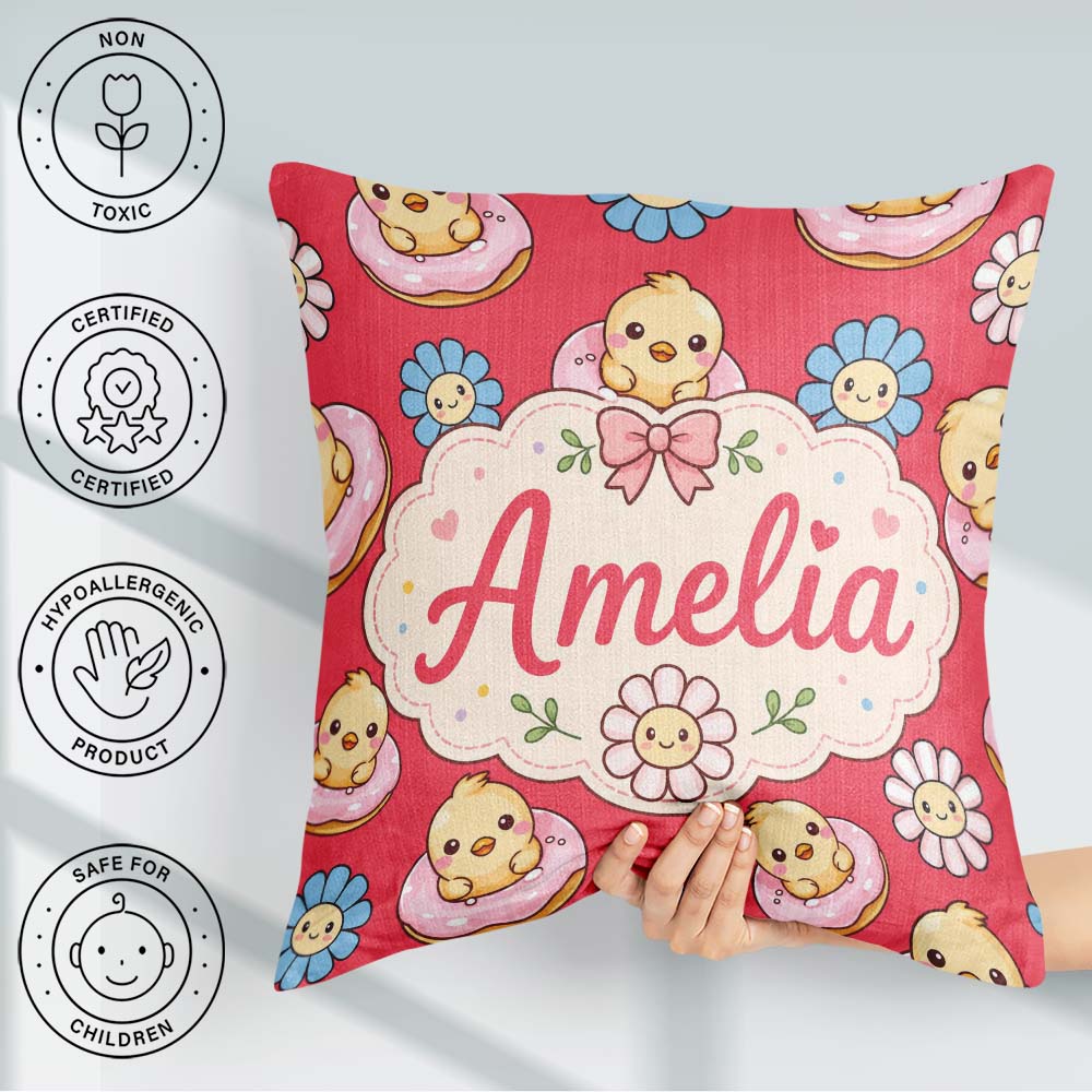 Custom Name Baby Chick Donut Flowers Seamless Pattern Bright Red Square Filled Cushion Throw Pillow Sofa Bed Home Decor Zip Washable UK Made