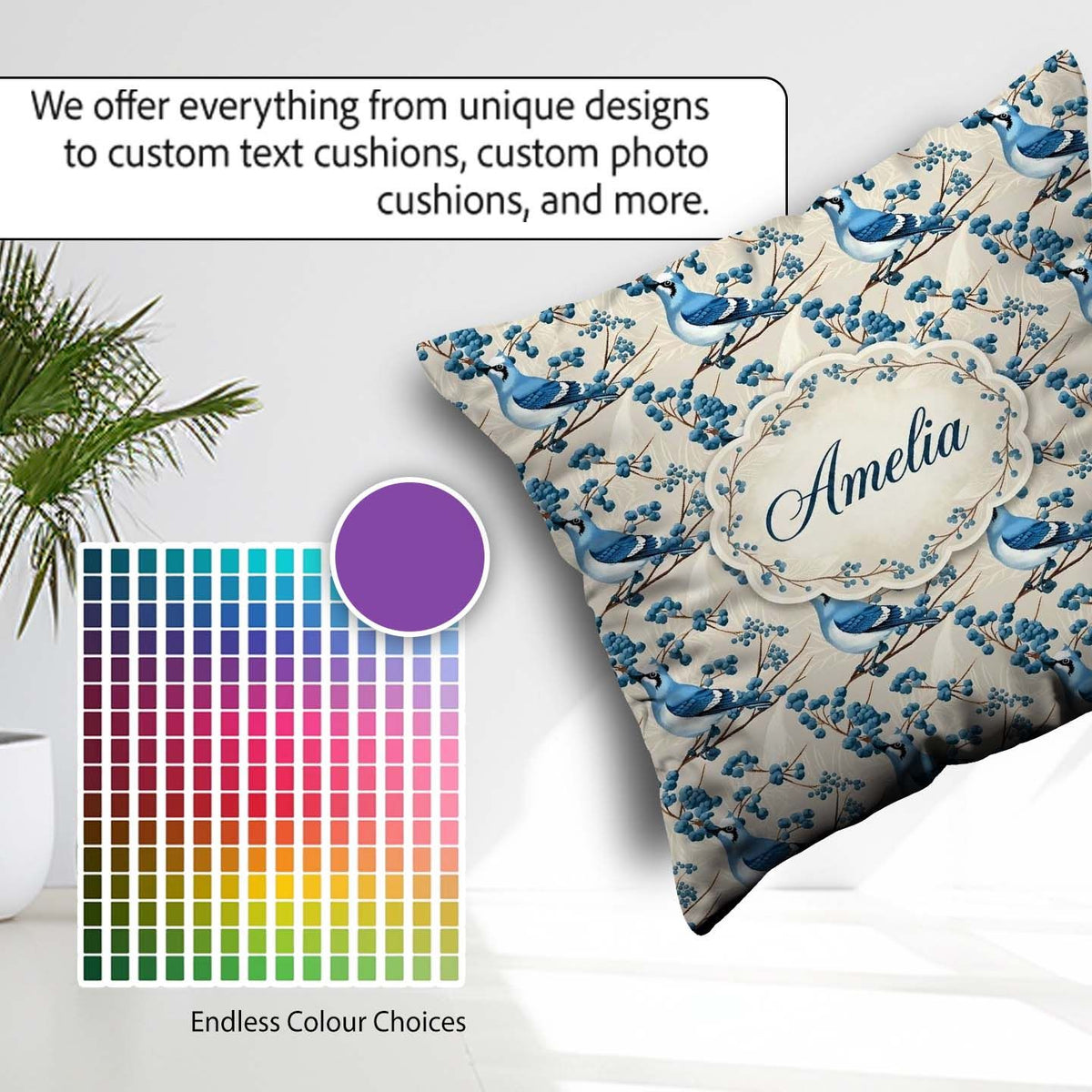 Custom Name Blue Jay Bird Branch with Berries Botanical Seamless Square Filled Cushion Throw Pillow Sofa Bed Home Decor Zip Washable UK Made