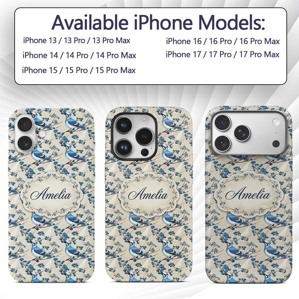 Blue Jay Bird on Branch with Berries Neutral Custom Name Protective Phone Case Mobile Cover Durable Everyday Smartphone Shock Resistant