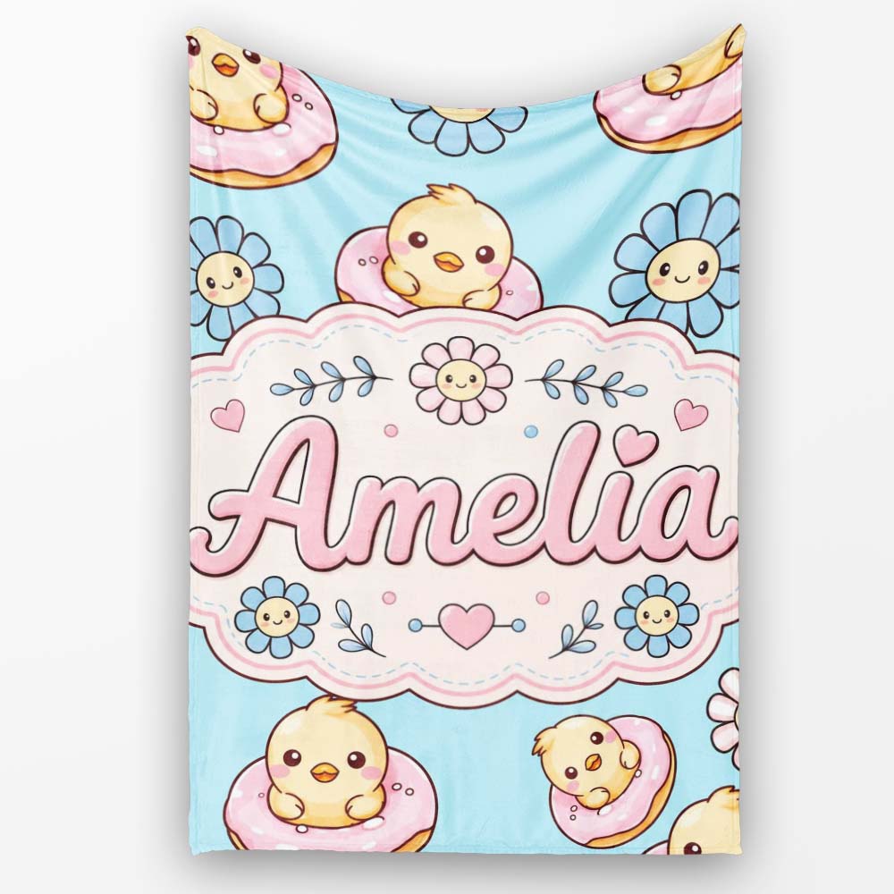 Cute Baby Chick Donut Flowers Seamless Pattern Aqua Blue Background Personalised Custom Name Super Soft Fleece Blanket Bed Sofa Throw