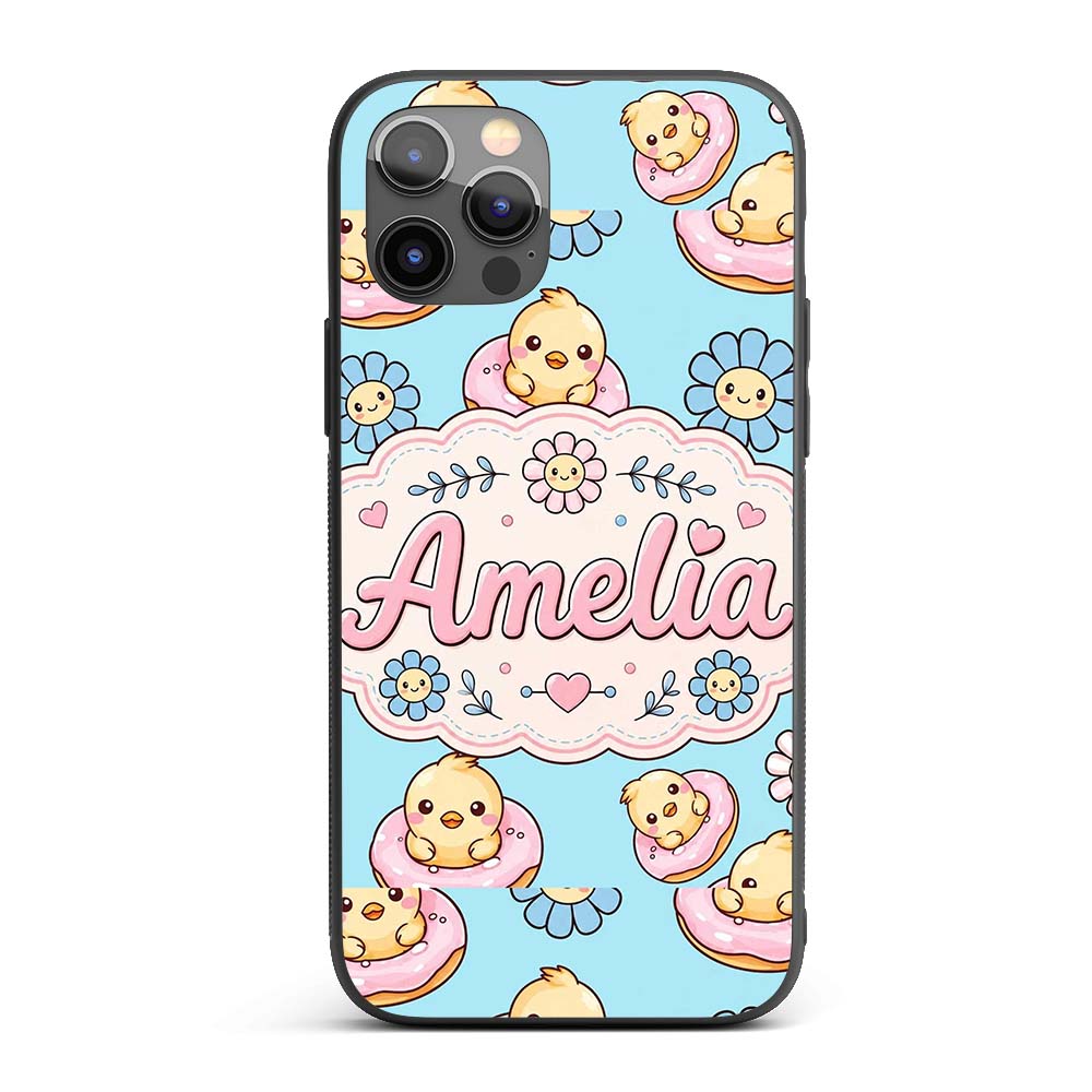 Cute Baby Chick Donut Flowers Seamless Pattern Custom Name Protective Phone Case Mobile Cover Durable Everyday Smartphone Shock Resistant