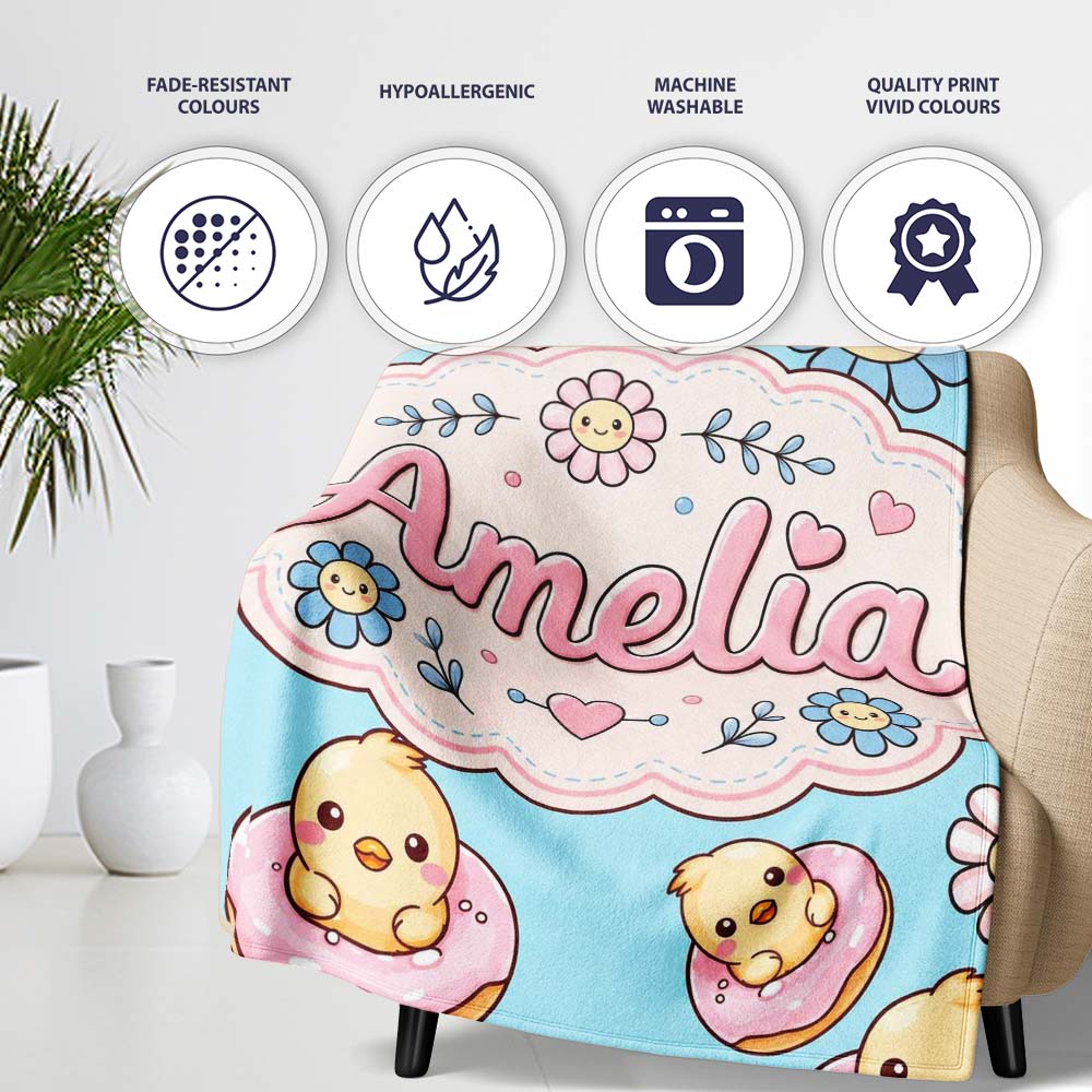 Cute Baby Chick Donut Flowers Seamless Pattern Aqua Blue Background Personalised Custom Name Super Soft Fleece Blanket Bed Sofa Throw
