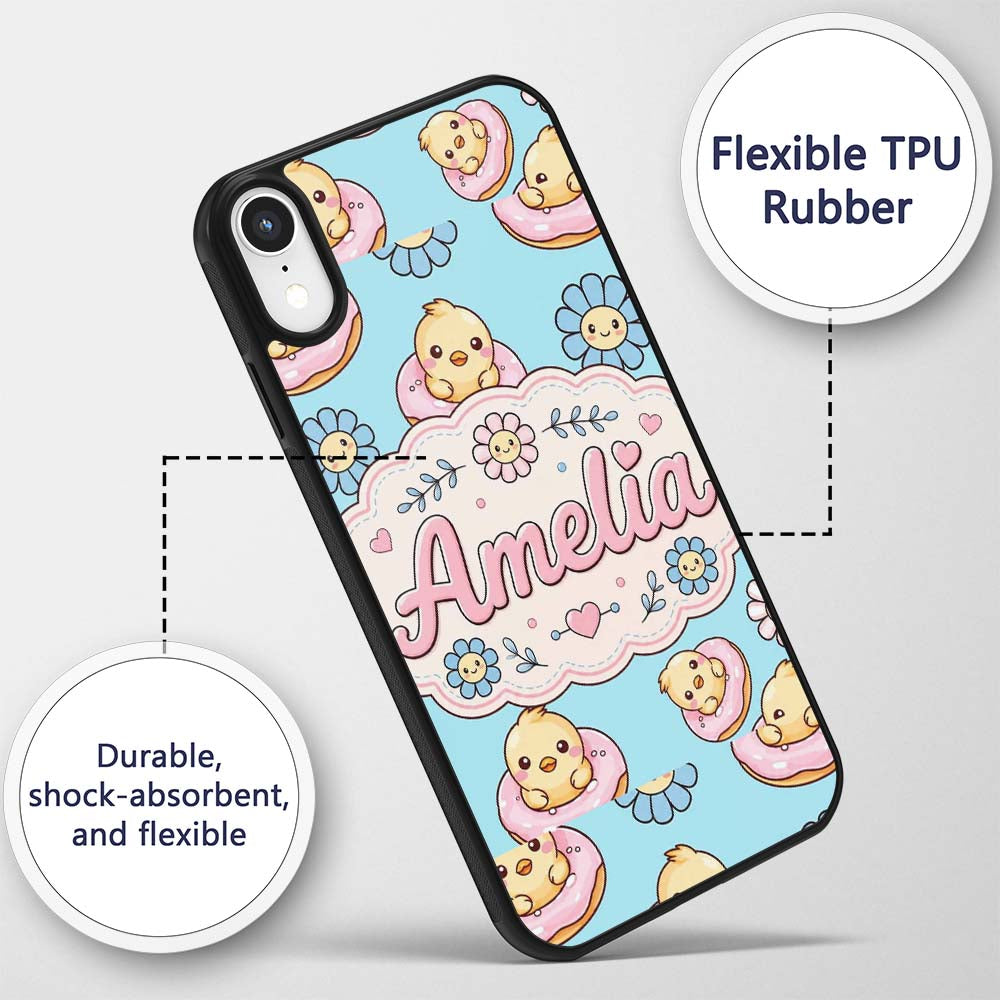 Cute Baby Chick Donut Flowers Seamless Pattern Custom Name Protective Phone Case Mobile Cover Durable Everyday Smartphone Shock Resistant