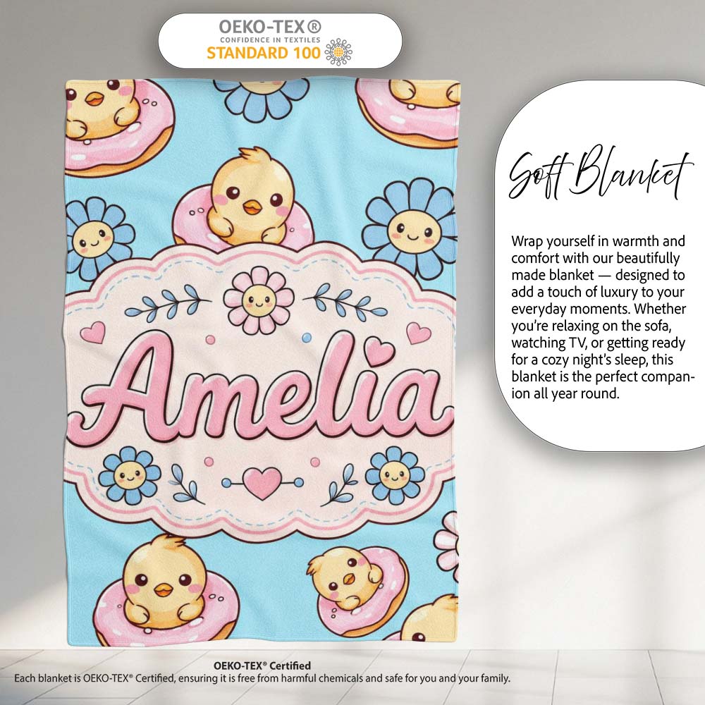 Cute Baby Chick Donut Flowers Seamless Pattern Aqua Blue Background Personalised Custom Name Super Soft Fleece Blanket Bed Sofa Throw