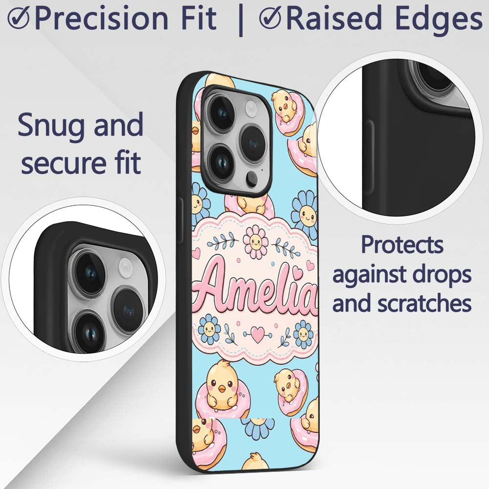 Cute Baby Chick Donut Flowers Seamless Pattern Custom Name Protective Phone Case Mobile Cover Durable Everyday Smartphone Shock Resistant