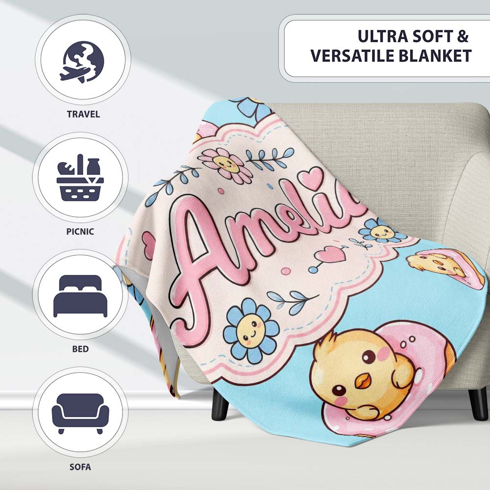 Cute Baby Chick Donut Flowers Seamless Pattern Aqua Blue Background Personalised Custom Name Super Soft Fleece Blanket Bed Sofa Throw